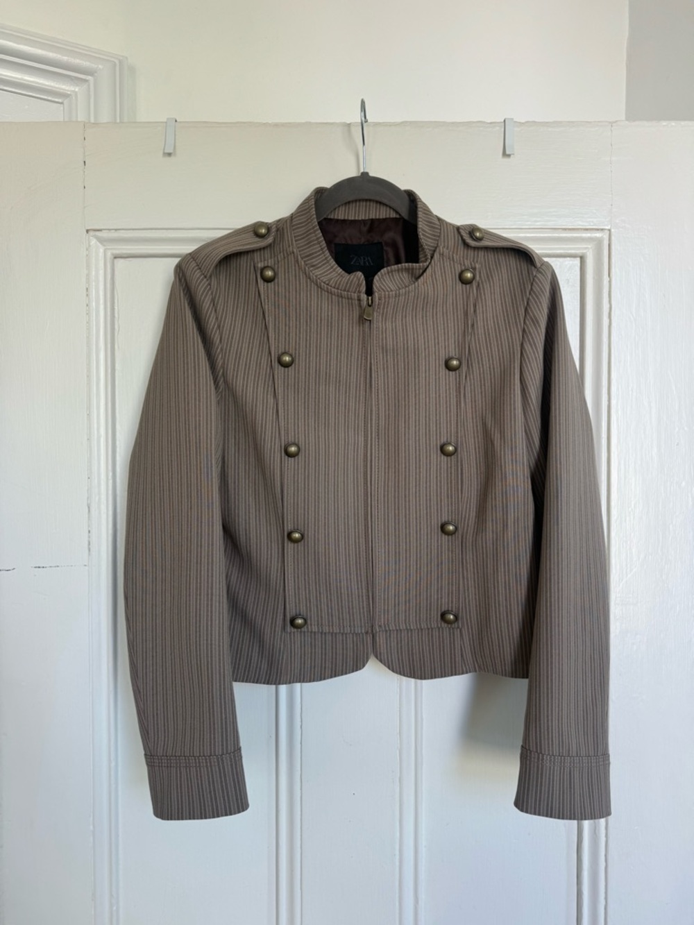 Zara Brown Pinstripe Military-Style Blazer Jacket